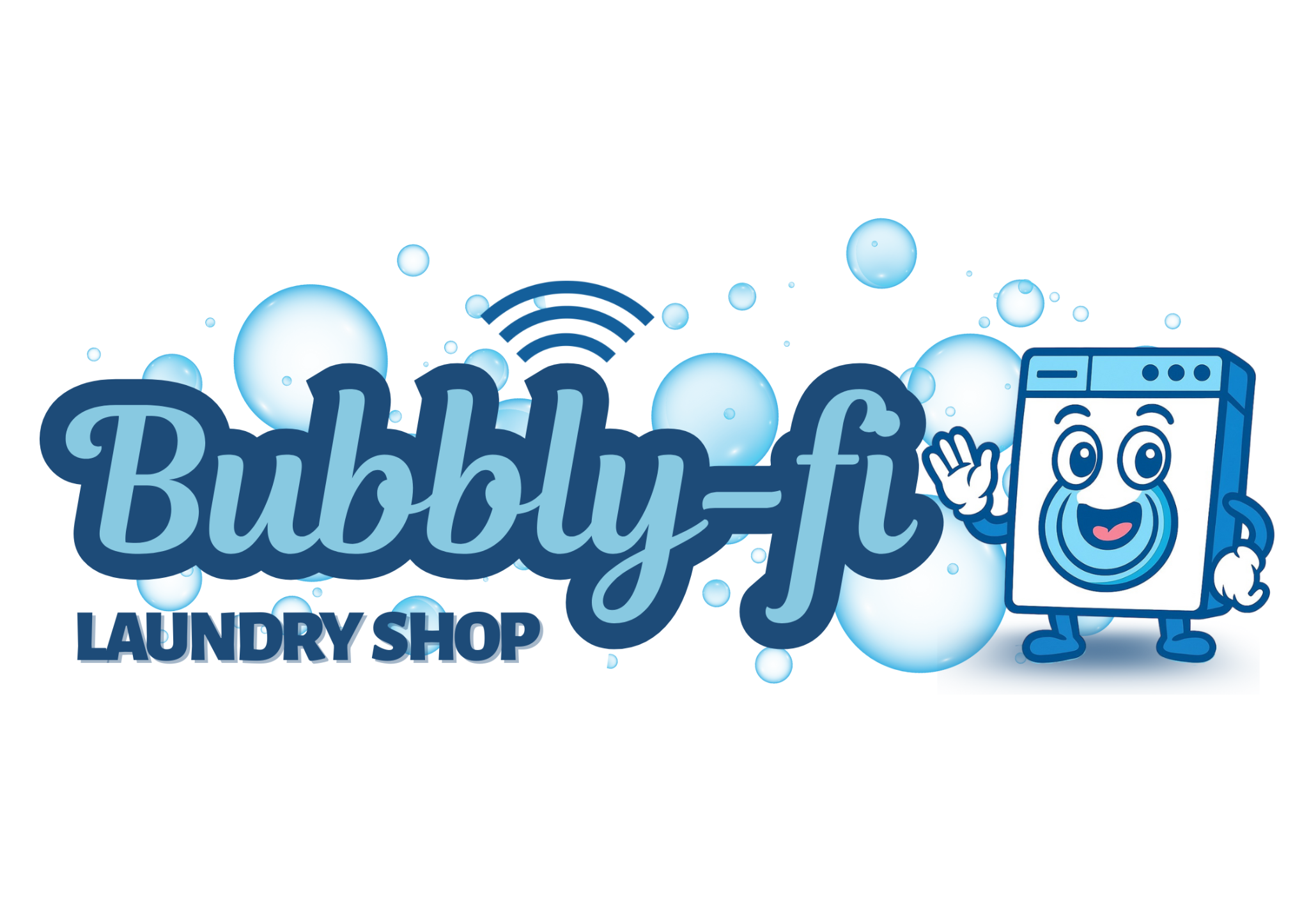 Bubbly-fi Laundry Shop mascot and bubble logo